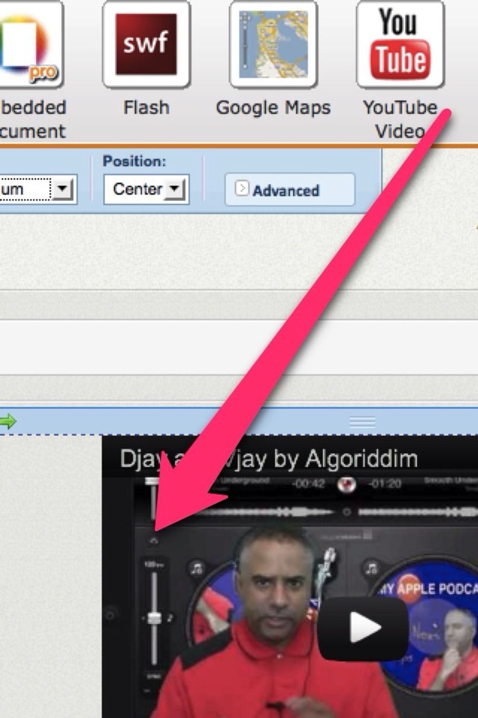 Drag and drop YouTube widget. Add video URL.