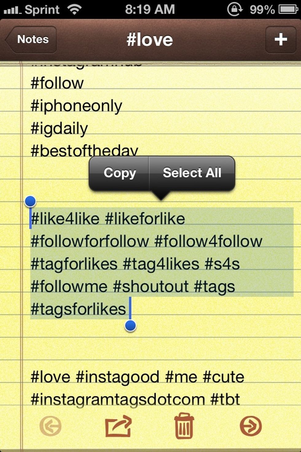 Drag the ends or the blue to the beginning and end on the hashtags