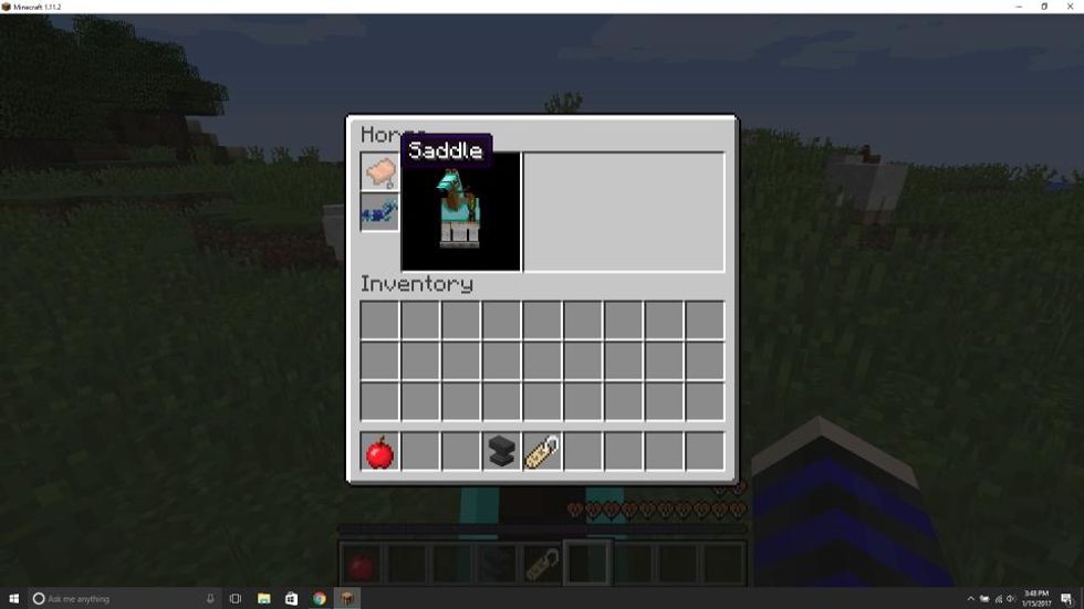 Drag the saddle from your inventory into the saddle section to be able to control where it goes. You can also add armor if you want.