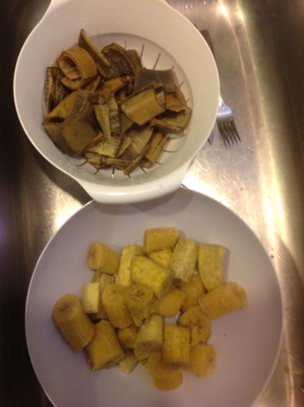 Drain and peel your plantains.