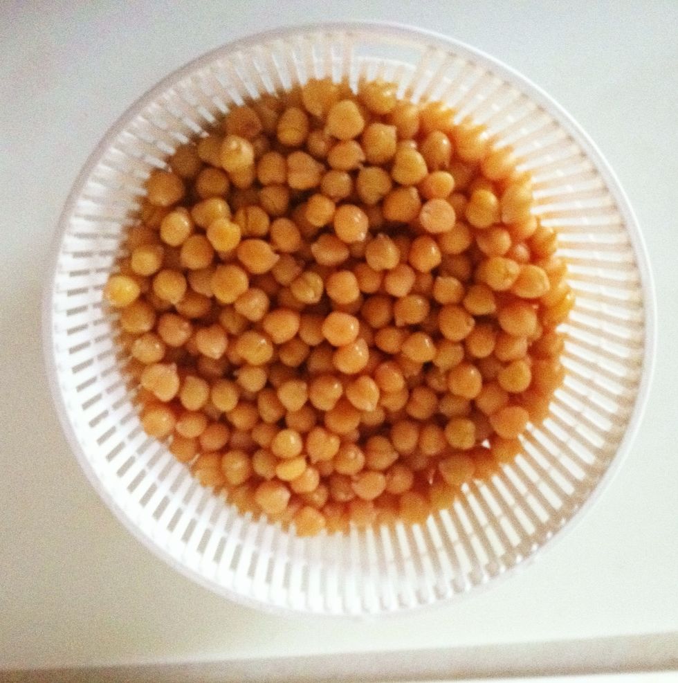 Drain and rinse 2 15-oz cans of cooked chickpeas. Shake off as much water as possible but there is no need to pat dry.