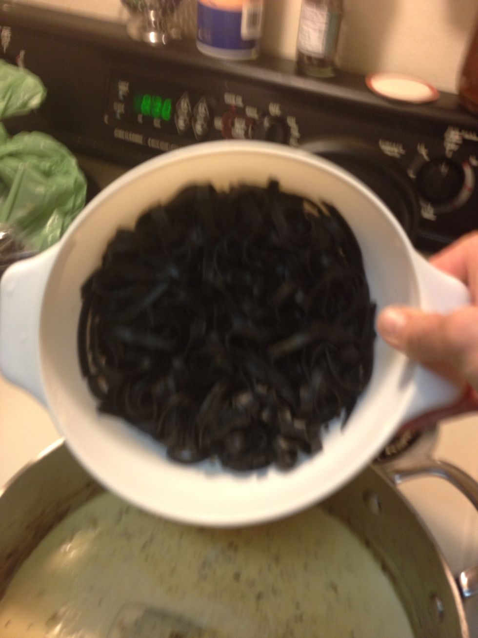 Drain and rinse in cool water to halt cooking of noodle. Add to sauce of your choice but would recommend a light sauce as to not overwhelm the taste of the noodle.