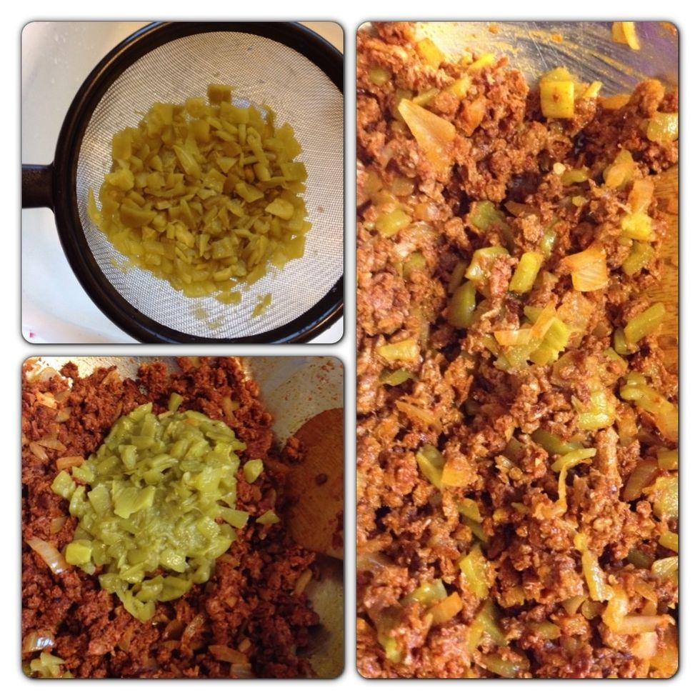Drain and rinse the green chili and add that to the mix. If you prefer, you can use red or green bell peppers (but if you do, saut\u00e9 them first.) You can also use spicy chiles like jalape\u00f1os.