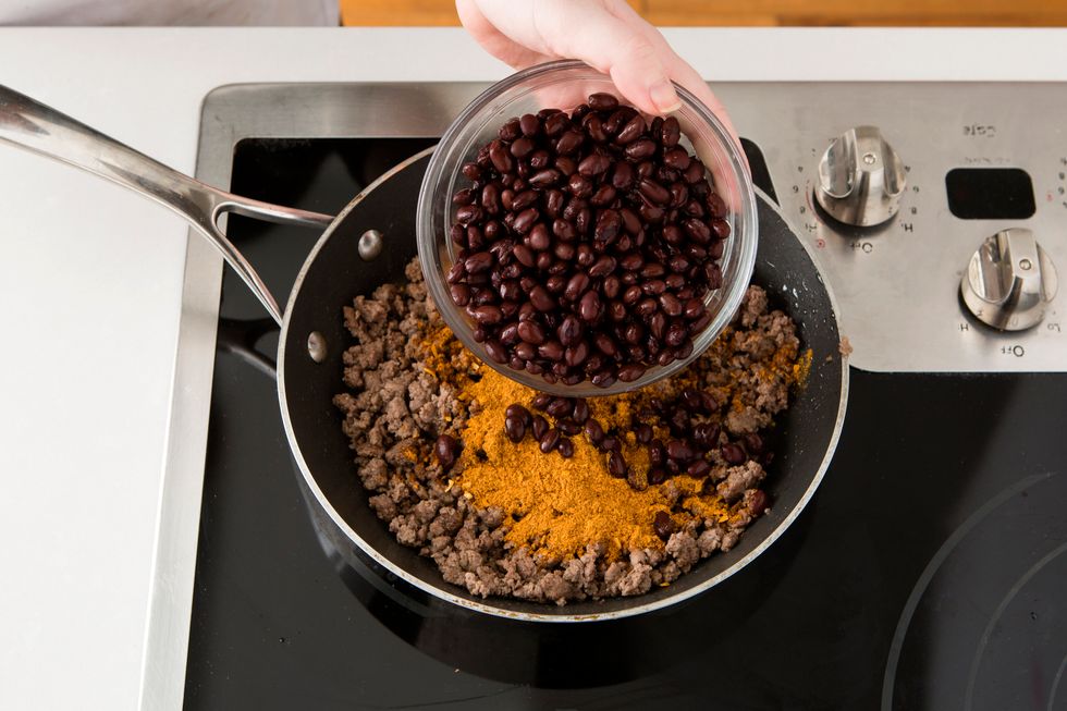 Drain and rinse your black beans and add them to your pan. 