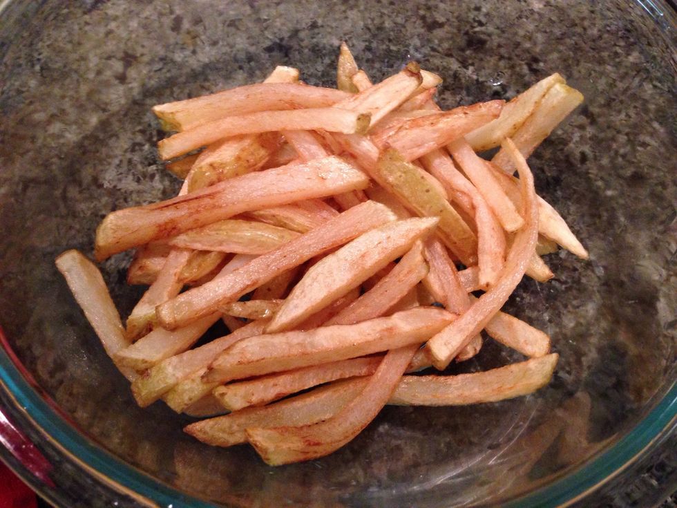 Drain and set aside. Keep oil hot since we will crisp them up again later. Don't season them yet.