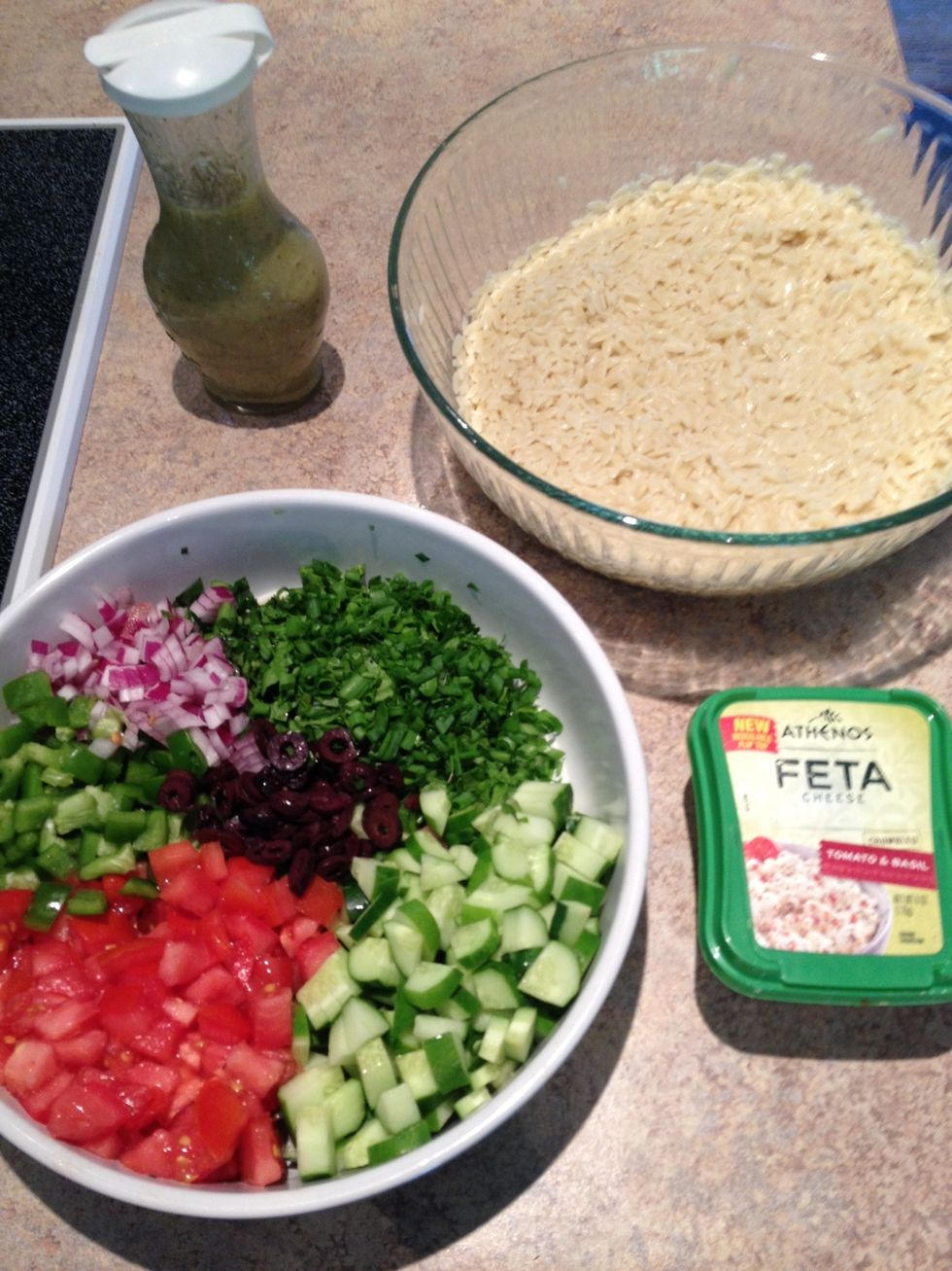 Drain and transfer the orzo to a large bowl. When the pasta is cool assemble the salad. Mix the vegetables, pasta, feta and a 1 cup of the dressing together. Add more or less to your liking.