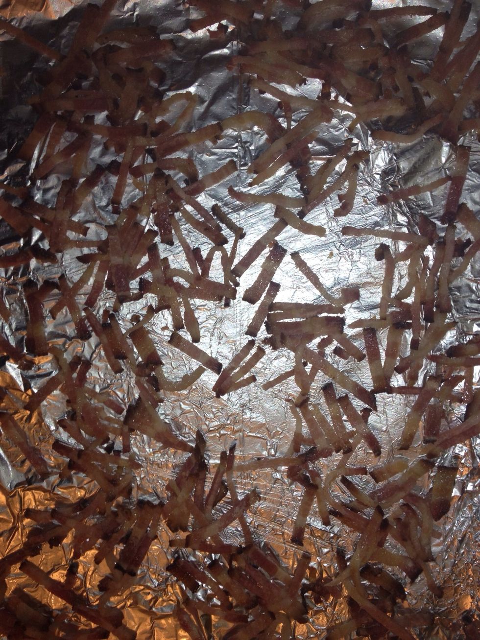 Drain fat after semi crisp ~15 minutes.         Pat down with paper towels.                            Cut extra thin  and crisp again in oven for a bit.