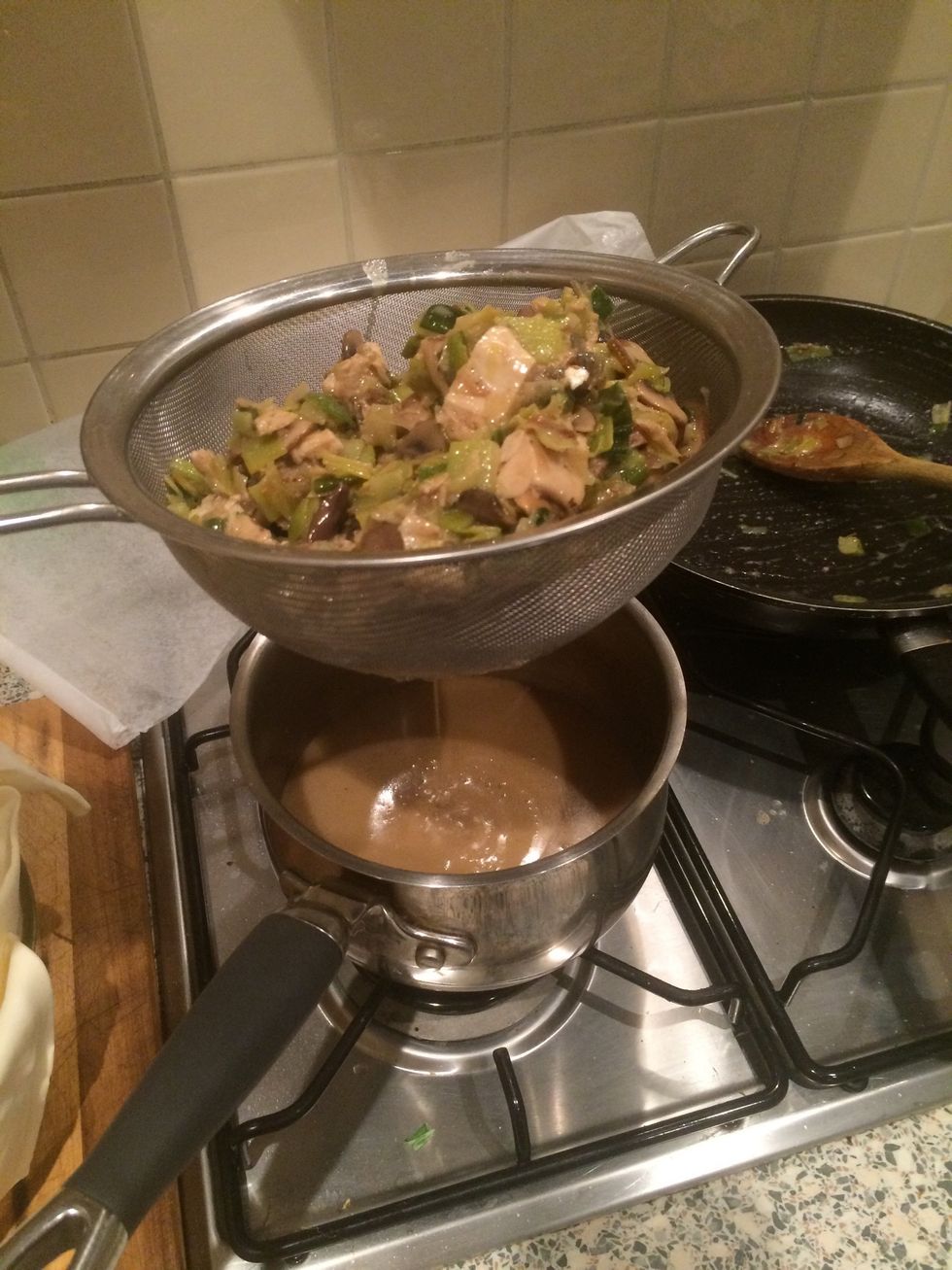 Drain filling and keep "gravy" in a saucepan
