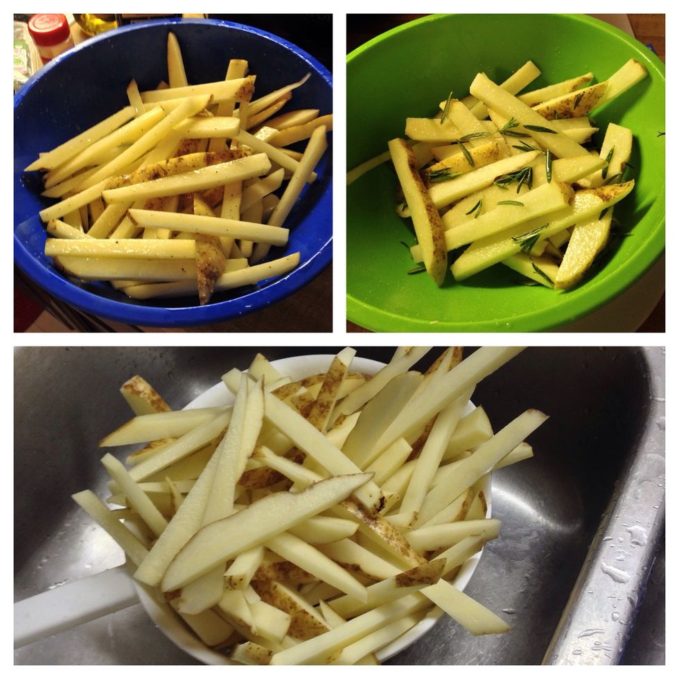 Drain fries then put in bowls to mix with spices. I did salt&pepper fries in one bowl and rosemary&garlic in the other. I was pretty generous with my spices; spice to your liking.