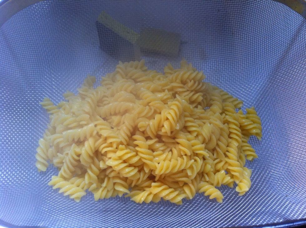 Drain pasta when ready, don't wash it.... Let it cool while you finish making the dressing...