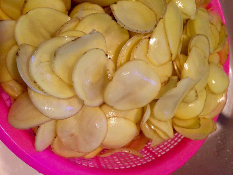 Drain potatoes in a colander. Rinse with water and drain again.