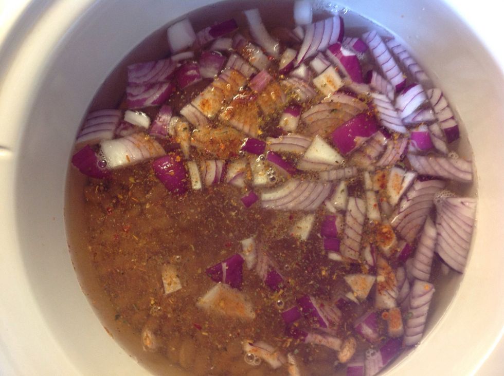 Drain & rinse beans. Add beans, water, onion, garlic to crock pot.