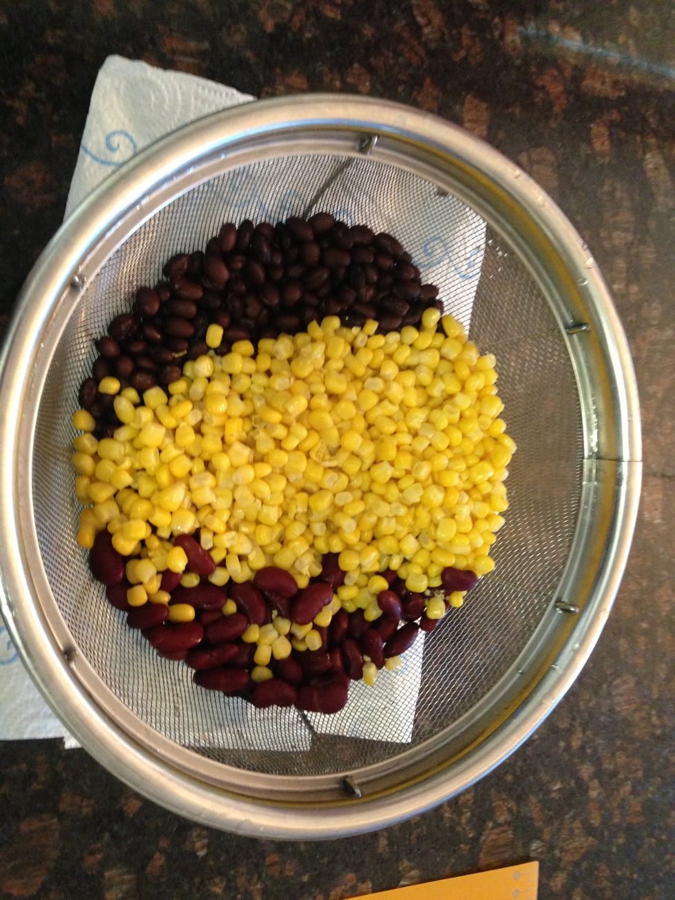 Drain & rinse with cold water the 1 can corn, 1 can black beans, & 1 can red kidney beans.
