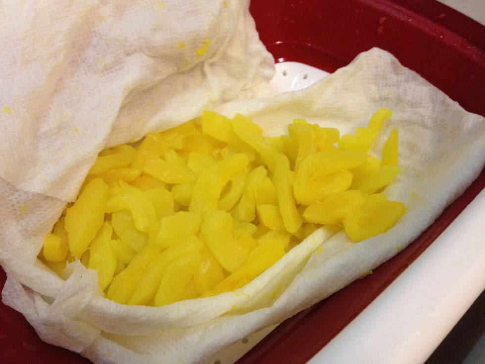 Drain the boiled slices, let cool, and then put them in a kitchen cloth or paper towels to squeeze or press out at least half of the retained water.