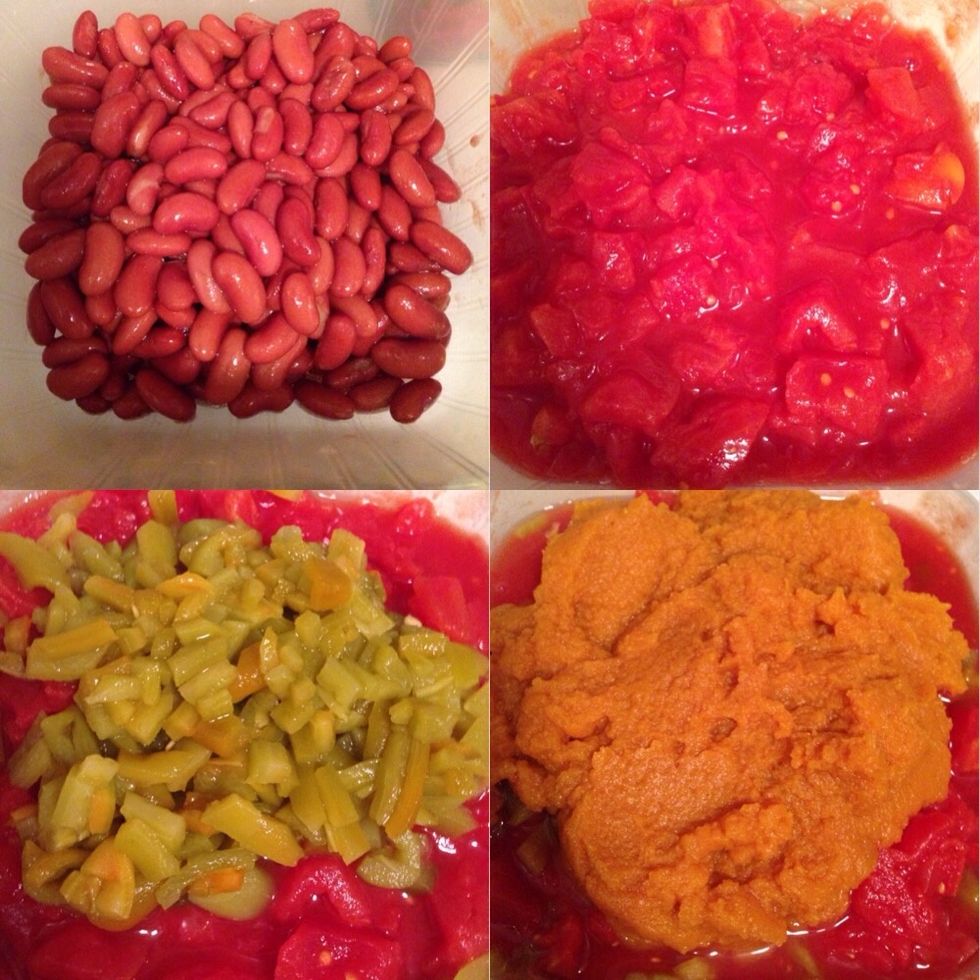 Drain the meat & add to the crockpot. Then add the cans of kidney beans, diced tomato, green chilies, pumpkin, & chicken broth.