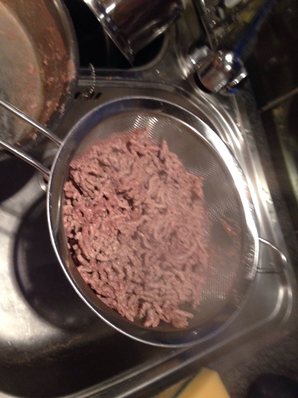 Drain the mince into a sieve, and run through thoroughly with cold water, to wash away as much residual fatty water as possible.