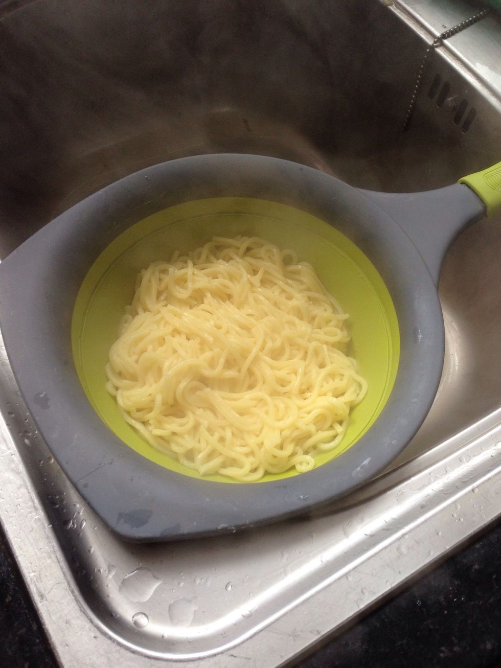 Drain the pasta and put it back into the pot it was cooked in (Make sure there is no water left in it beforehand).