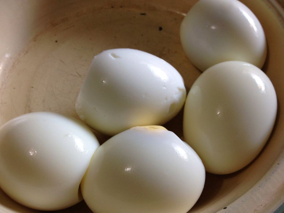 Drain the pot and transfer the eggs to a bowl with cold water to stop the cooking process. Crack an peel the eggs.