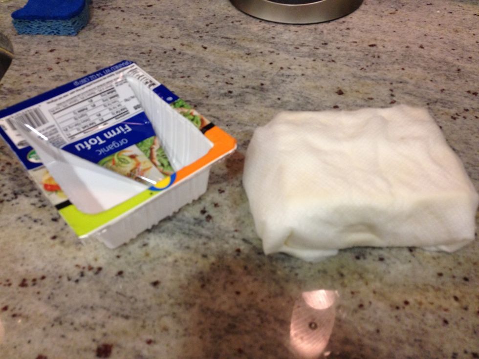 Drain tofu and wrap it in a bunch of paper towels to absorb the water. Let it sit wrapped for 5-10 minutes or so.