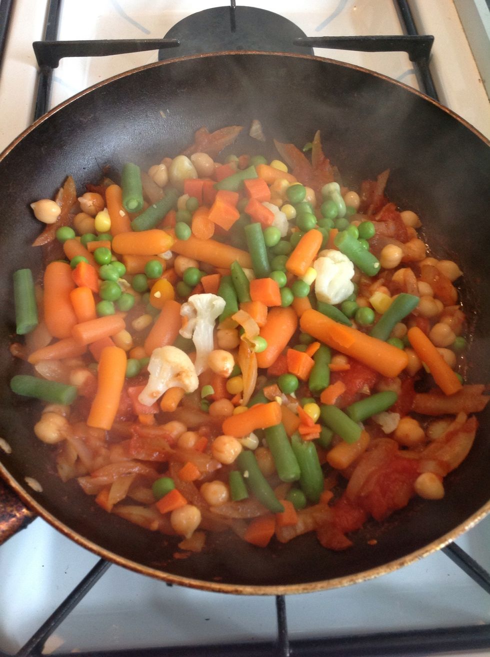 Drain water from veg and add it in the chicpea pureen and stir for 2min
