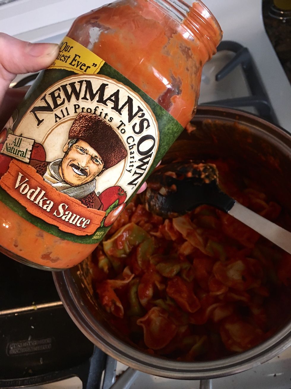 Drain your cooked noodles then add vodka sauce ( I used Newman's own vodka sauce)