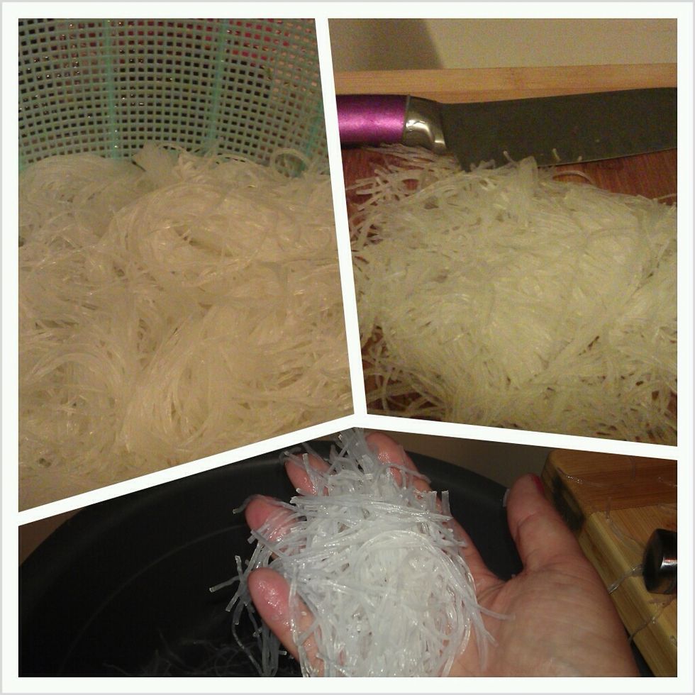 Drain your noodles well or else you will have some very wet fillings. Cut them into smaller strands.