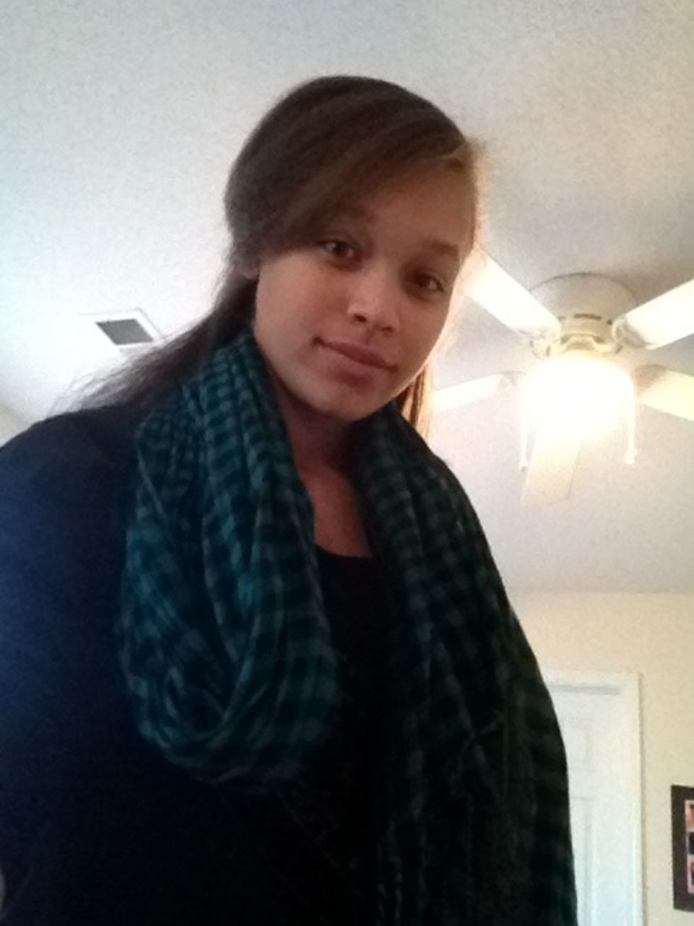 Drape the scarf over your neck, as pictured, making sure it's still folded in half.