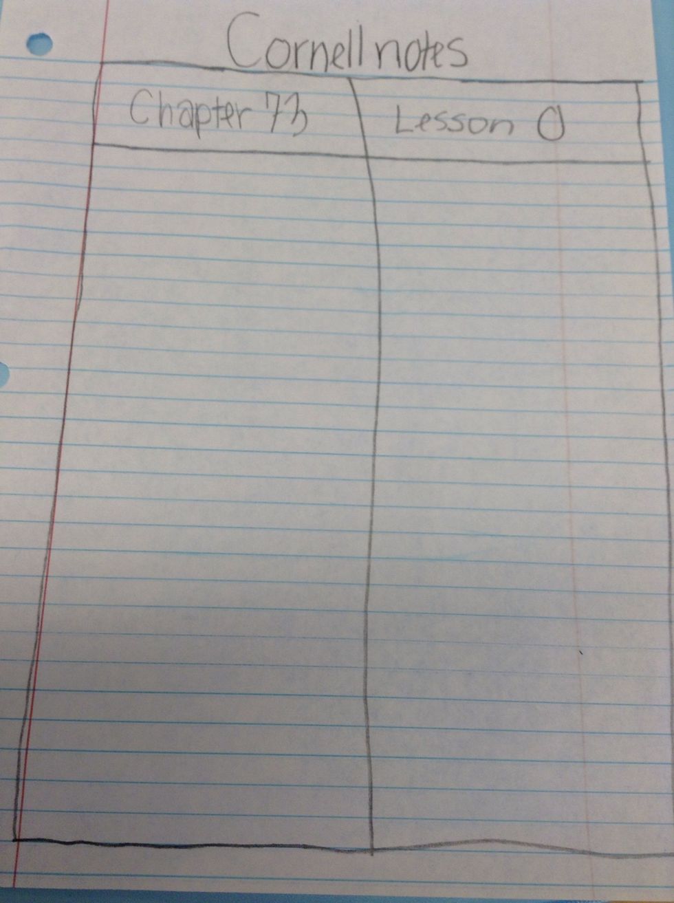Draw a box, follow the lines on the paper. Draw a line down the middle and on the top. Put a chapter number an lesson number in the boxes you made.