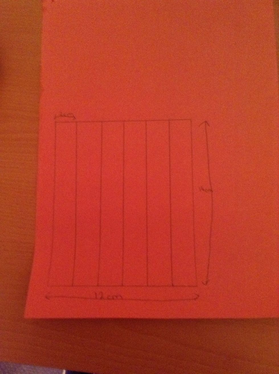 Draw a box that is 12cm x 14cm then split it into 6 strips that are 2cm wide.