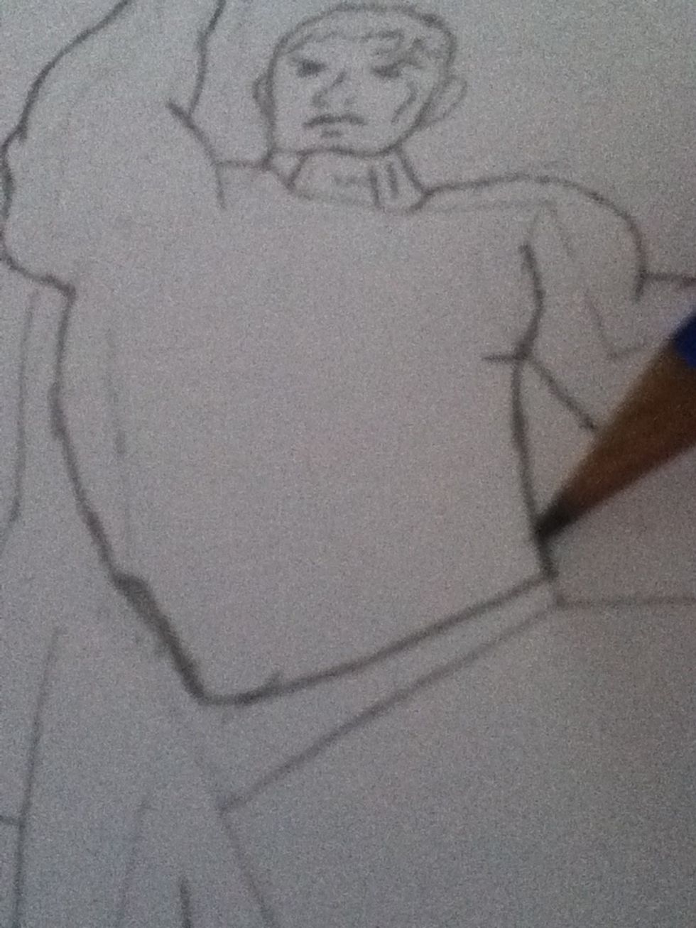 Draw a curved line roughly following your guidelines down to just above the line that shows where his legs will start. Draw a small curve just below his shoulder overlapping the bent arm