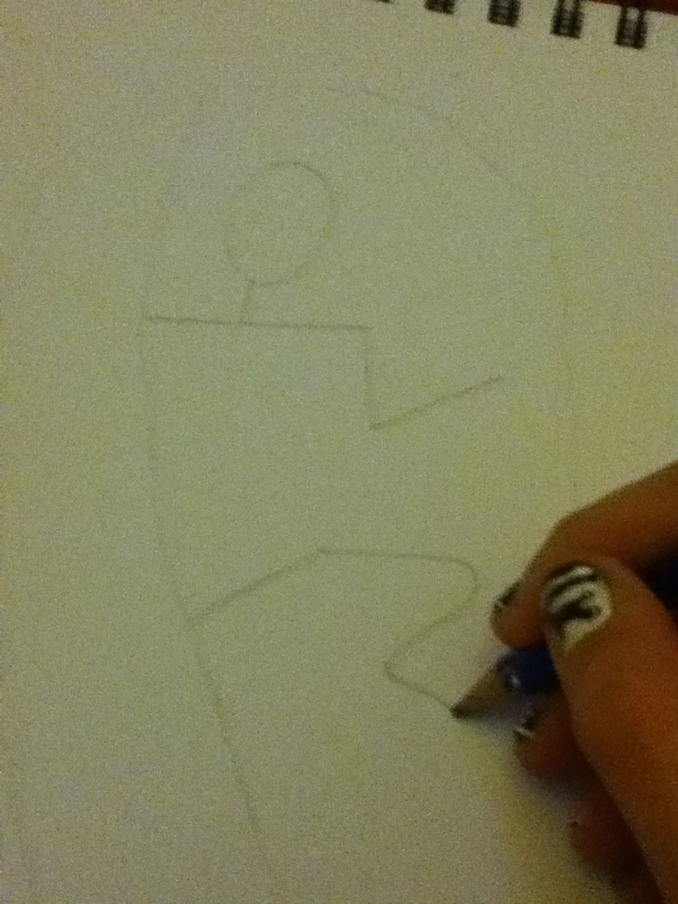 Draw a curvy line for his leg and foot
