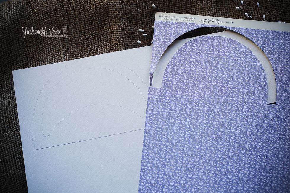 Draw a double arch on the 10x15 piece of cardstock. The lower arch will be connected to the back side of the container and the upper arch will hold the embelishments. Cover the upper arch with paper.