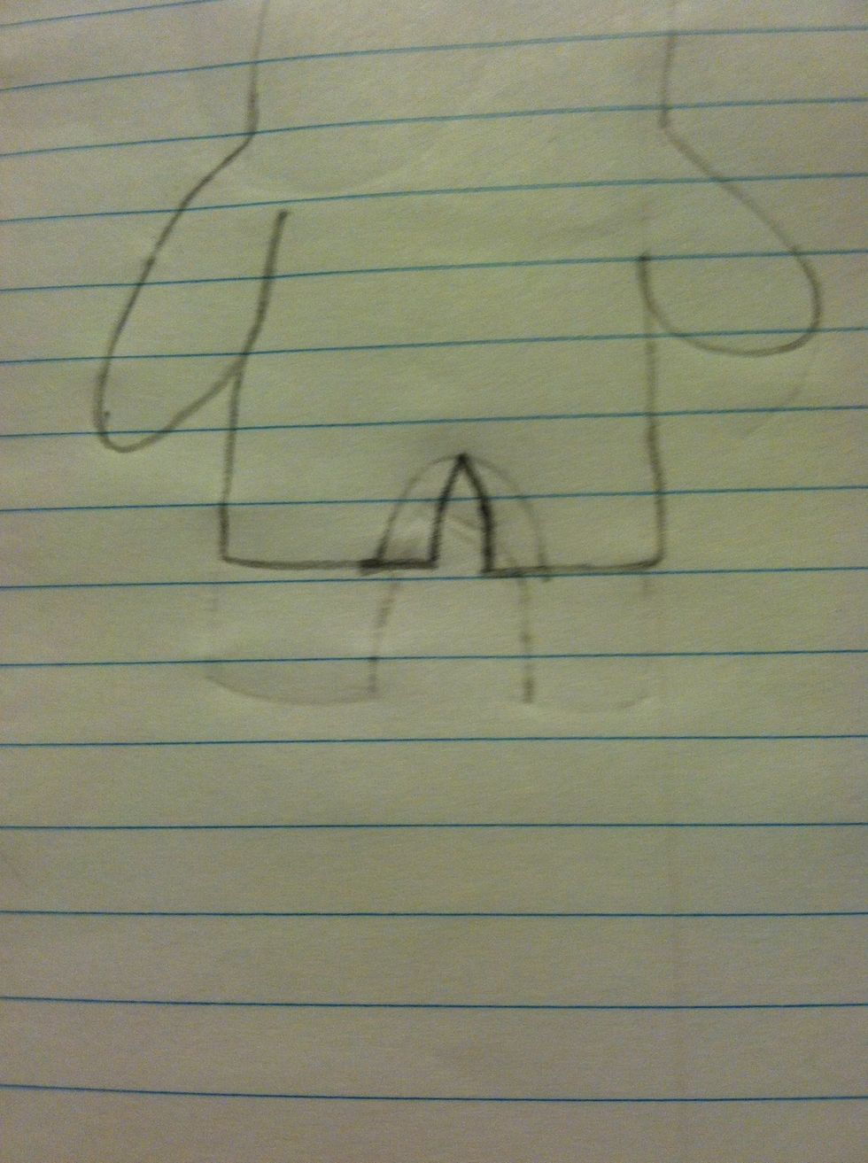 Draw a fish hook looking line connecting to Domo's head for hands. Then draw a line from the hands down and make an open rectangle on each side. Leave a space between. (triangle)