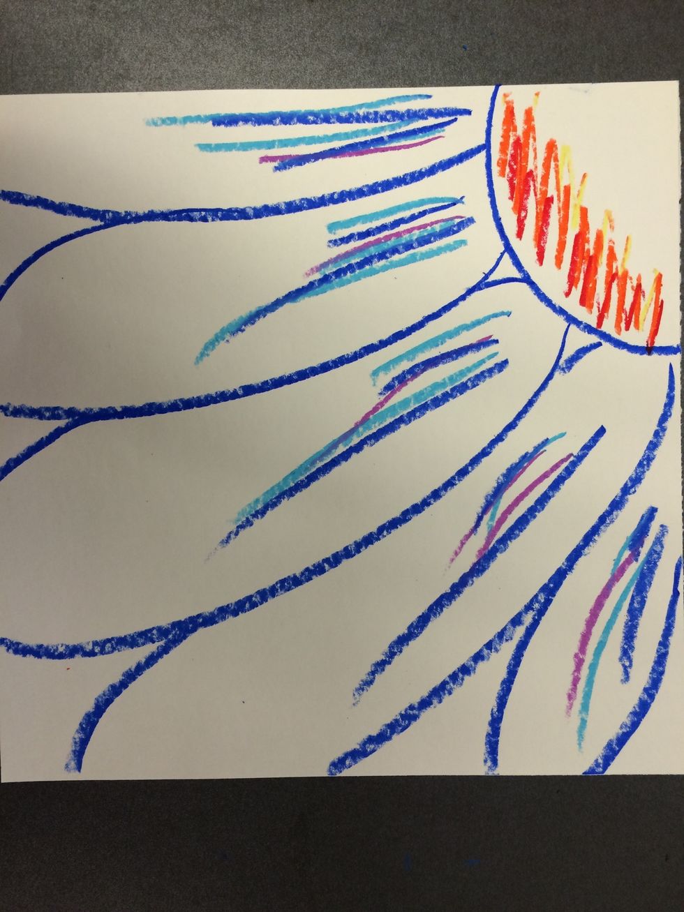Draw a flower VERY big with oil pastel, so that it is going right off the paper. You should not see the whole flower. Add extra accent lines.