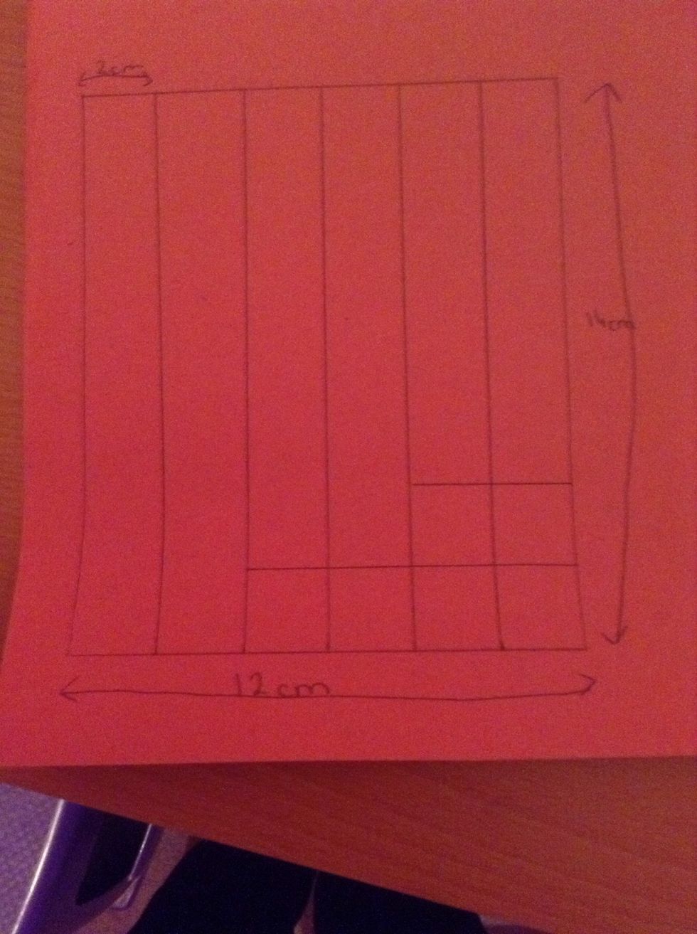 Draw a line 2cm from the bottom on 4 strips then a line 4 cm from the bottom on 2 strips.