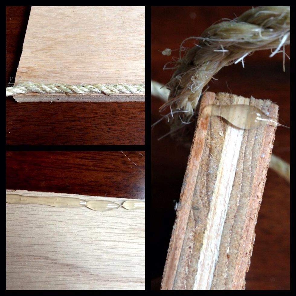 Draw a line of glue along the very bottom, pressing the sisal firmly into it for a few seconds. If you can't work quickly, draw your glue in small segments, as it dries fast.