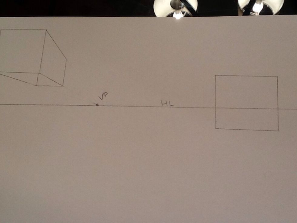 Draw a square on the horizon line. Since it is on the horizon line, you will not see either the top or the bottom.