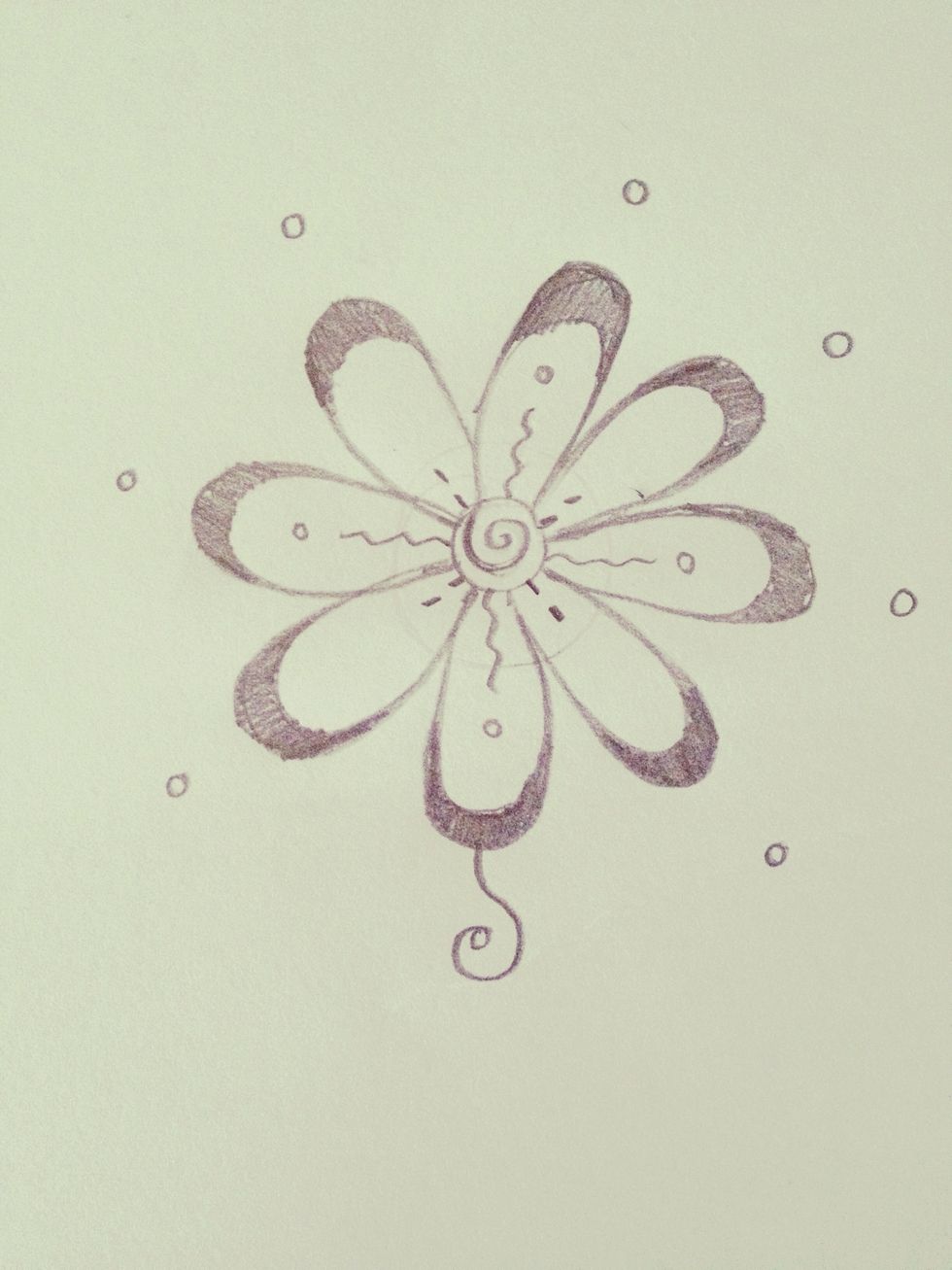 Draw a swirl that starts from the bottom of the dot (thats closet to the petal) curves to one side, then inwards and to the petal, like this.