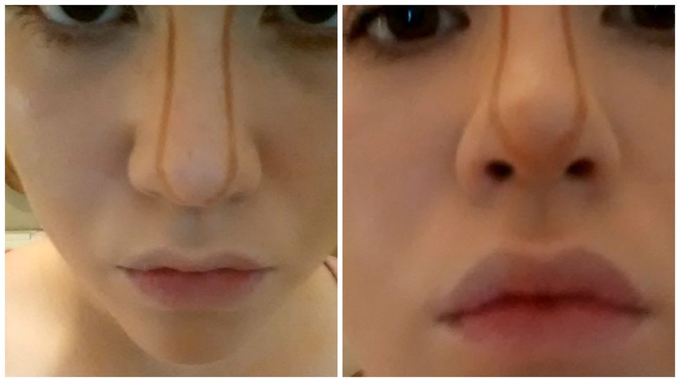 Draw a thin line down either side of your nose (Remember the thinner the line, the thinner your nose looks). It is very important to bring the line down underneath as shown.