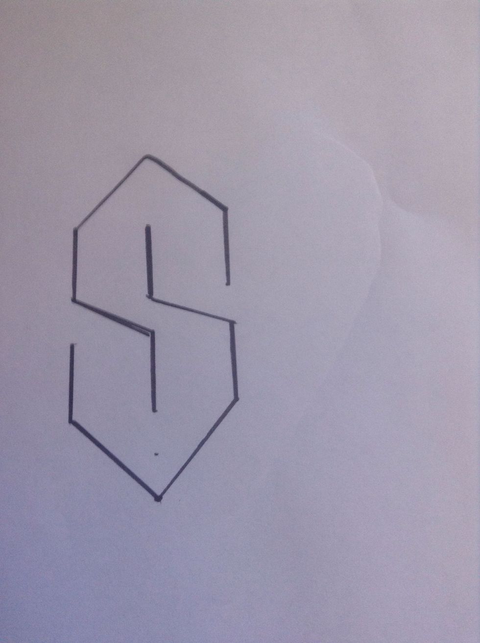 Draw a tiny dot 2cm bellow the middle bottom line and the top middle line, link as shown.