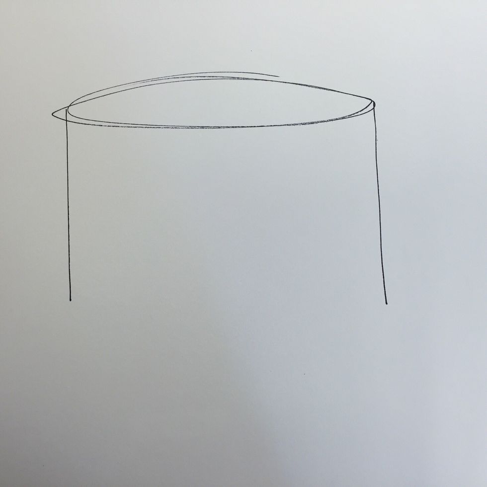 Draw an oval and two vertical lines.