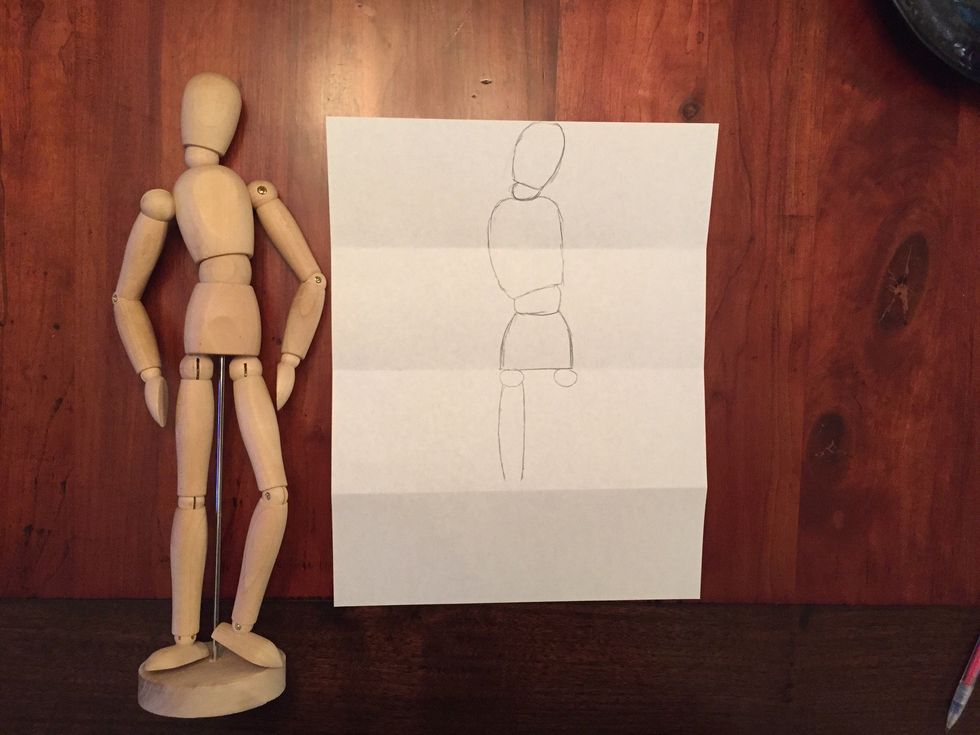 Draw Bob's left thigh. Bob's thigh should fill the third section.