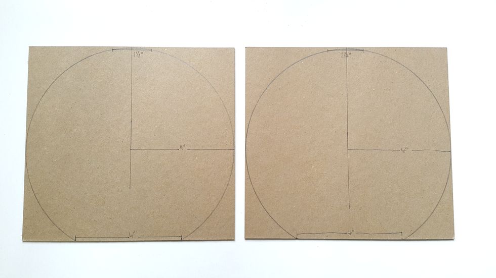 Draw circle of 4" radius, cut out 1-1/2" from top and 4" from the bottom as shown, ready two pieces (or you can draw a template to trace, as you will need this for cutting papers later)