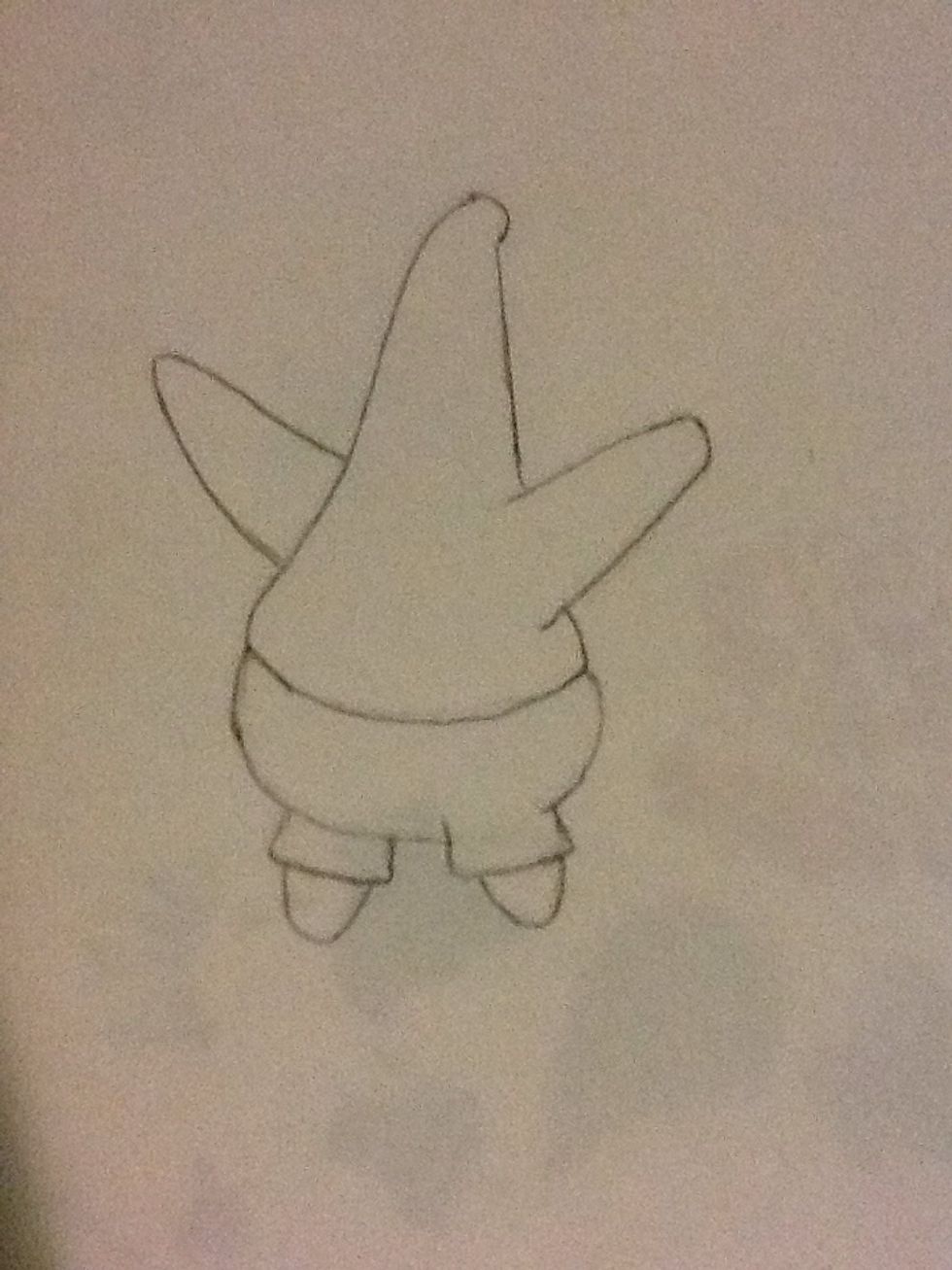 Draw his legs. What may help you is if you start by drawing triangles then erase the bottoms and curve them off.