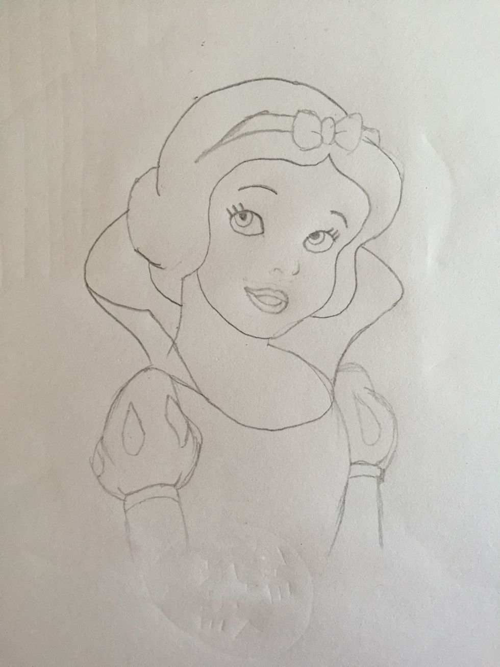 Draw in her dress, and then do your best with her face. Mine's not perfect by any means, but it took me a while to get it satisfactory. Make sure to try and capture her sweet expression! \ud83d\ude0a