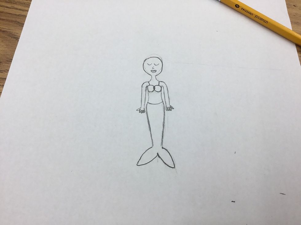 Draw in her facial features and clothing