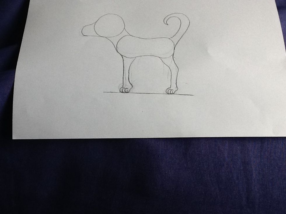 Draw on the legs. The front leg is straight down at the front and curved at the back. The back leg is curved at the front and the back follows the curve. For his feet draw 4 little bumps.