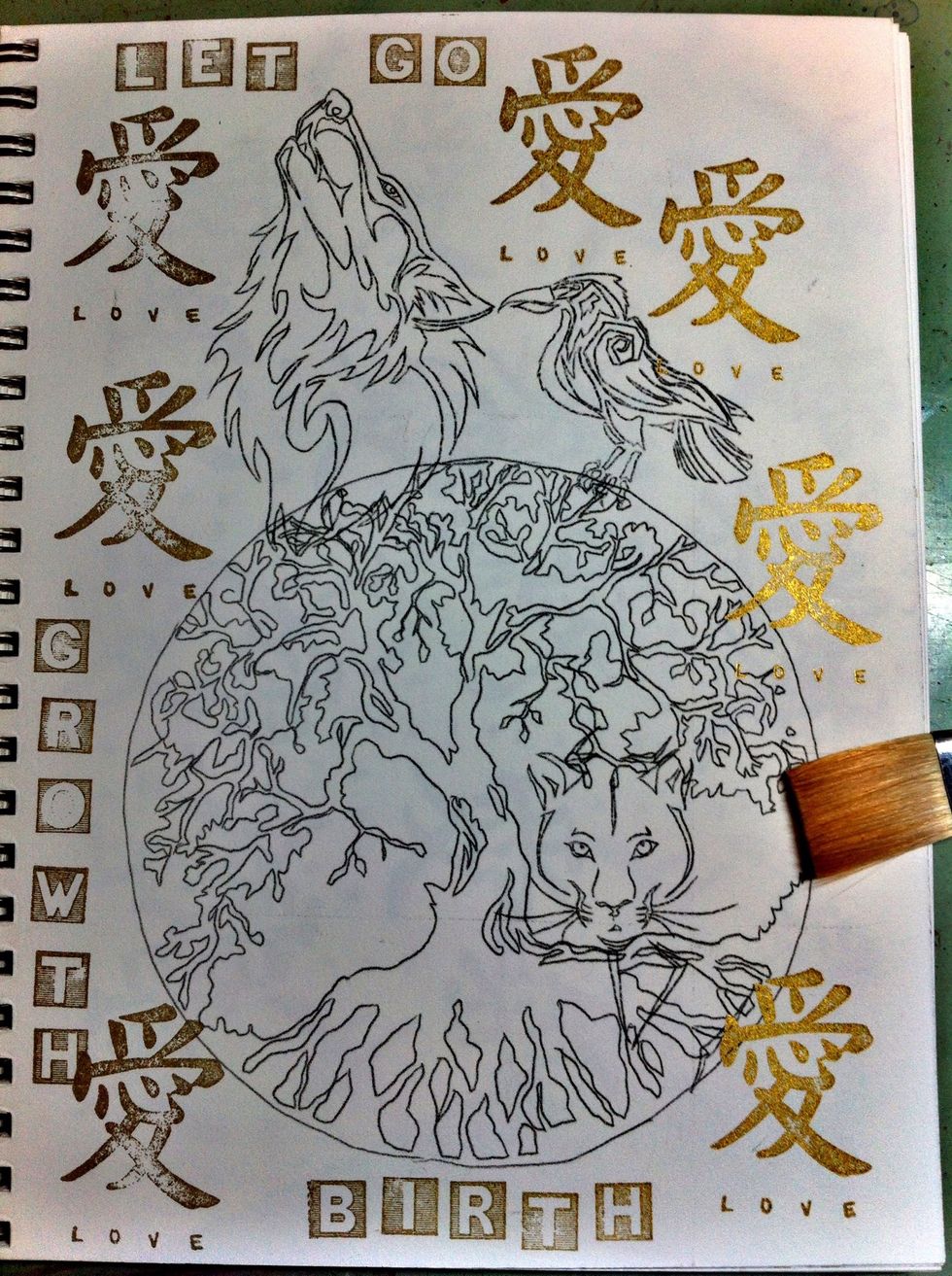 Draw out your images with pencil. Think of your layout and where you'd like the images (before you draw). Stamp words on. Stamp Chinese Love symbol to fill in the space of your page.