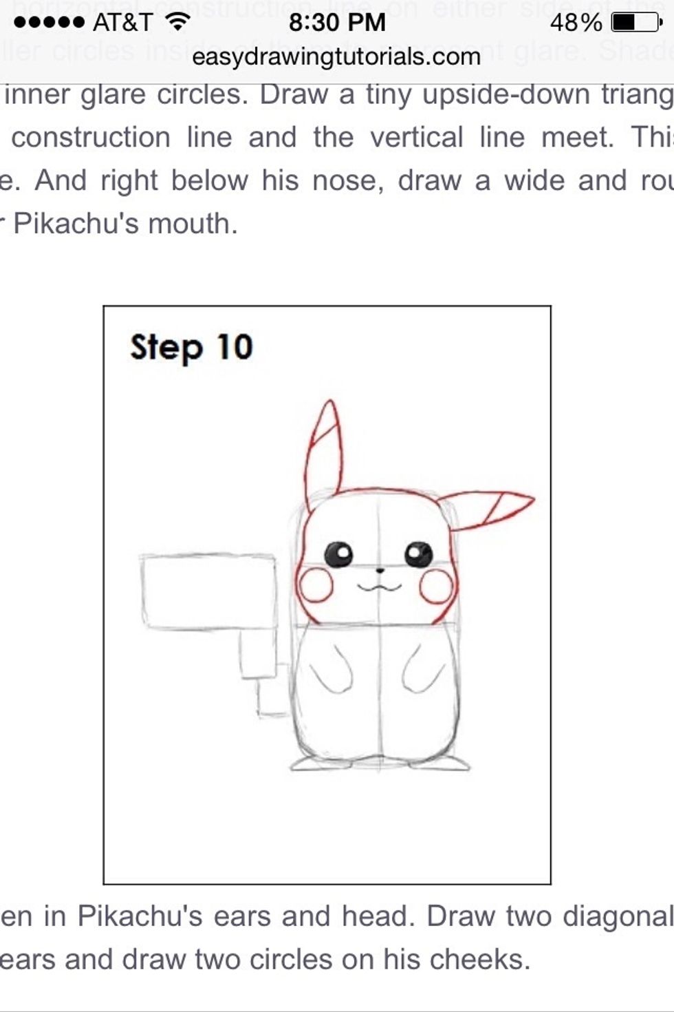 Draw pikachu's checks and lines on his ears.