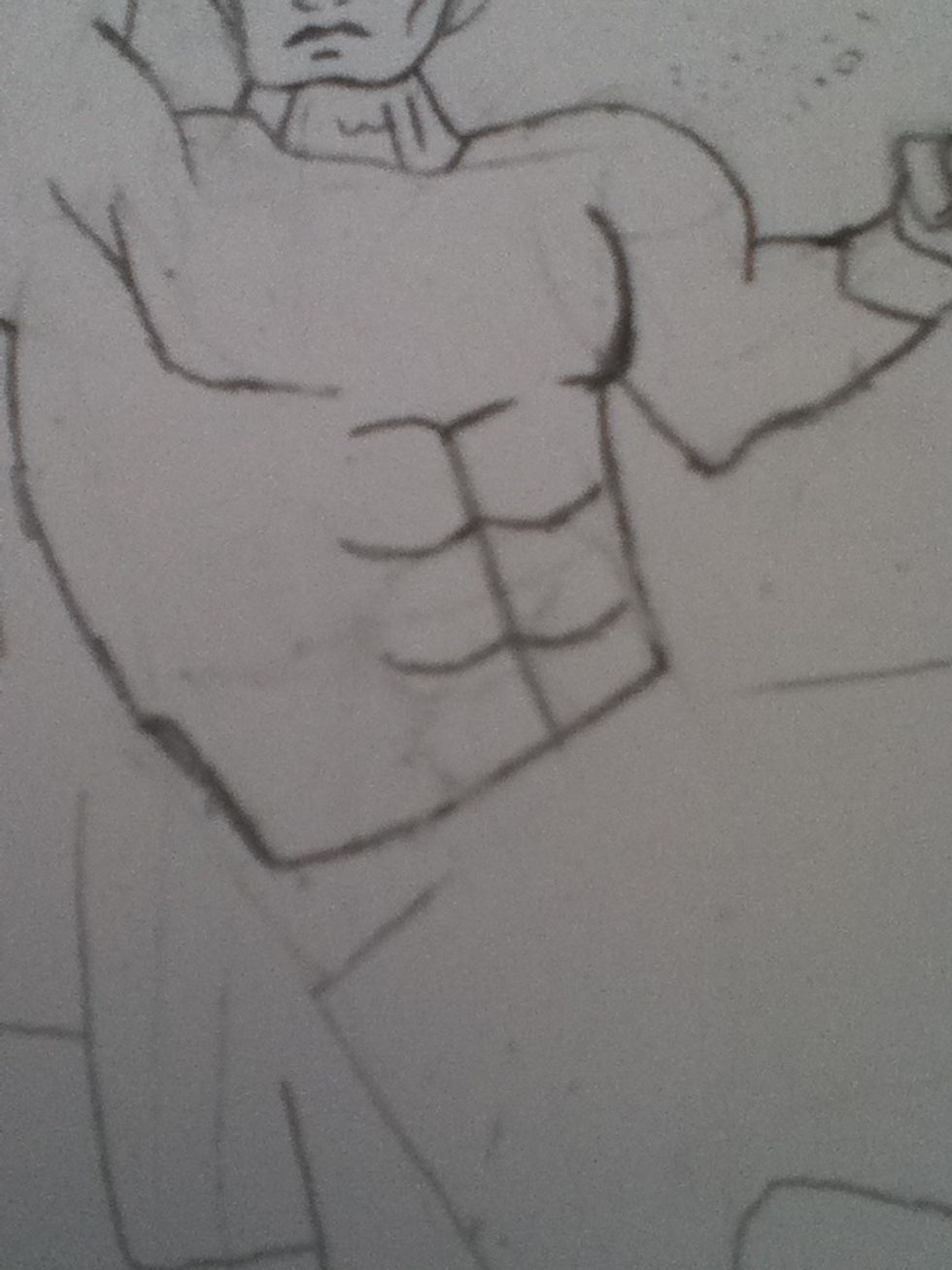 Draw some curved lines for his muscles you can draw them more detailed if you want to though